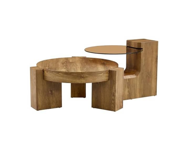 Vexelus Trennbares Couchtisch‑Set MDF Holzoptik + braun getöntes Sicherheitsglas, 2‑in‑1 als Couchtisch oder Zwei Beistelltische