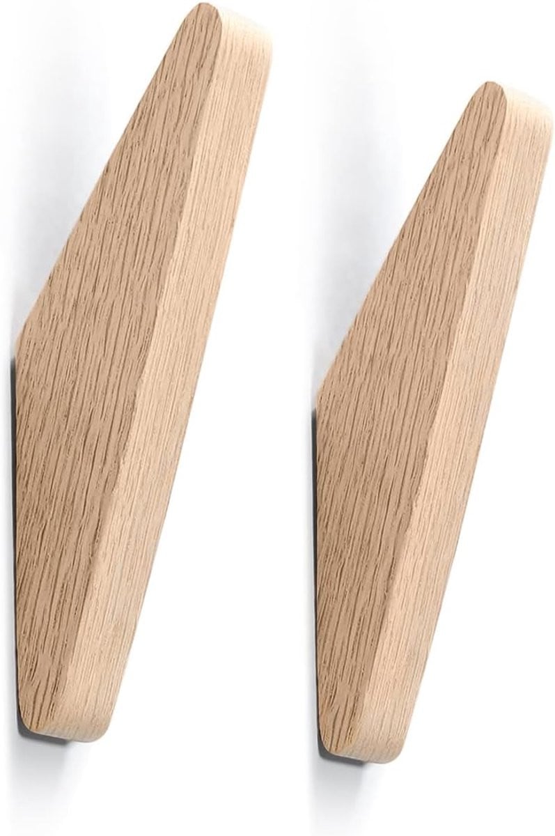 Set van 2 houten wandhaken voor kleding en accessoires in natuurlijk massief hout