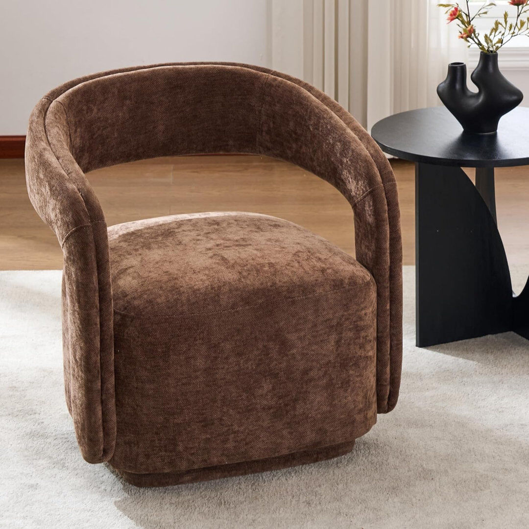 Brayden Studio Upholstered Chenille Swivel Armchair Brown 74cm H X 65.5cm W X 70cm D