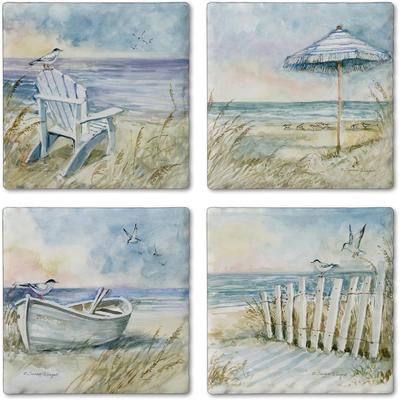 Thirstystone Coastal Sanctuary 4-Pack Assorted Tumbled Tile Stone Coasters with Protective Cork Backing Manufactured in The USA