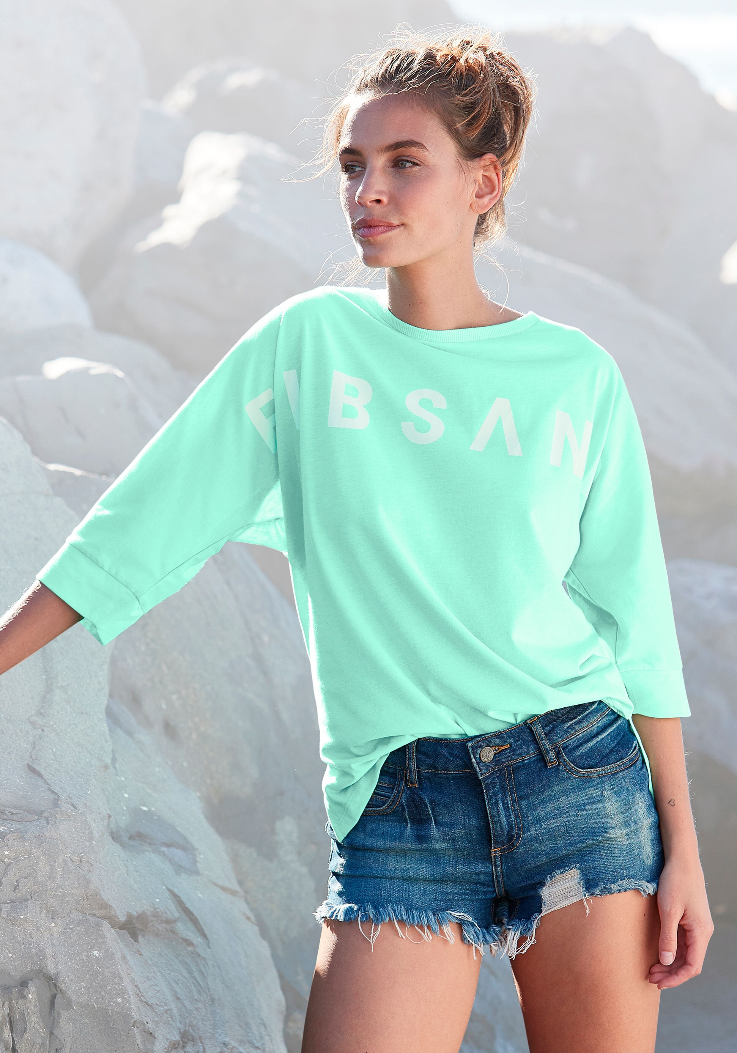 3/4-Arm-Shirt ELBSAND "Iduna", Damen, Gr. S (36), grün (mint), Jersey, Obermaterial: 50% Baumwolle, 50% Polyester, unifarben, figurumspielend hüftlang, Rundhals, Shirts 3/4-Arm-Shirt, aus Baumwoll-Mix, lockere Passform, sportlich-casual