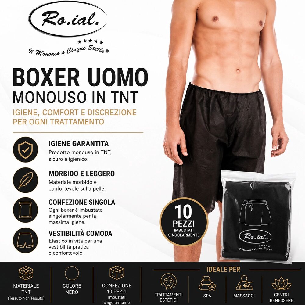 Roial Boxer Uomo nero Monouso in TNT Nero – Confezione da 10 Pezzi