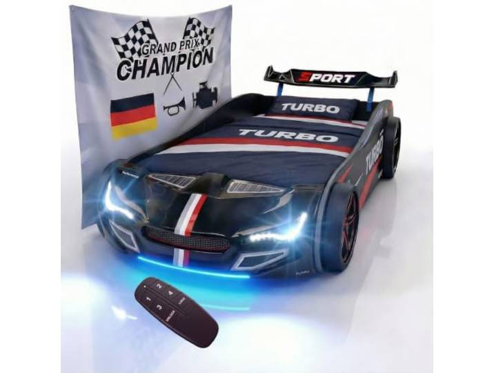Coemo Autobett GTE Kinderbett 90x200 Rennwagenbett, Farbe Schwarz Sound Hupe Motor, LED-Leuchte Bett Sportwagen-Design Spoiler, Rennwagen Design, Racing-Aufklebern und markanter Fahrzeugfront