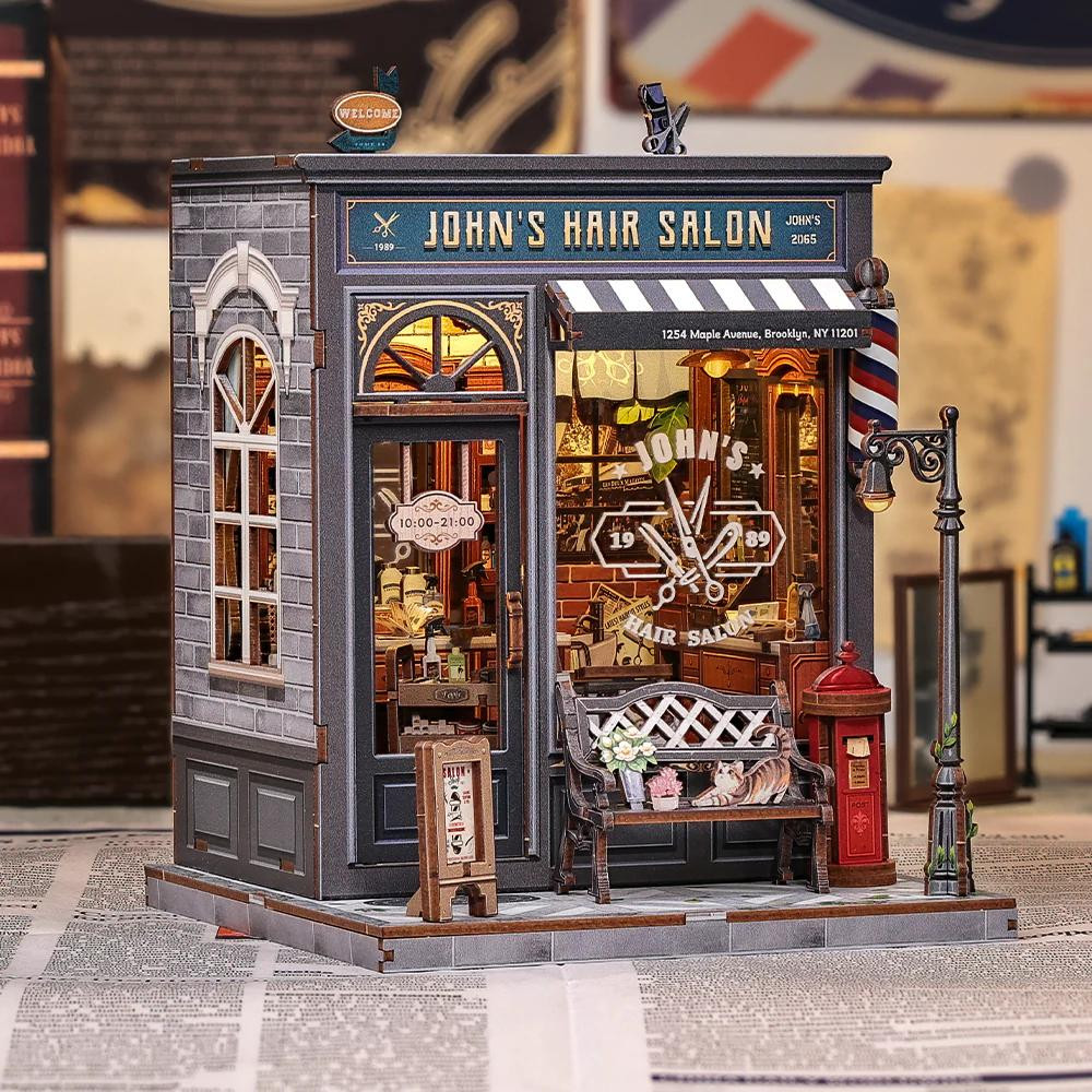 Miniatuurhuis Doe-het-zelf Kapsalon van John met 210 onderdelen en LED-verlichting