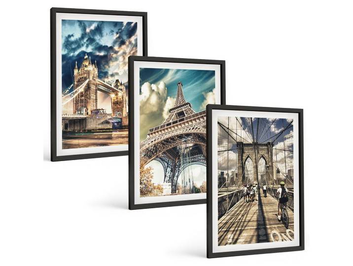 BILDER SET 3er Set - 40x60 cm Schwarzer Rahmen - Brücken, Türme, europäische Städte