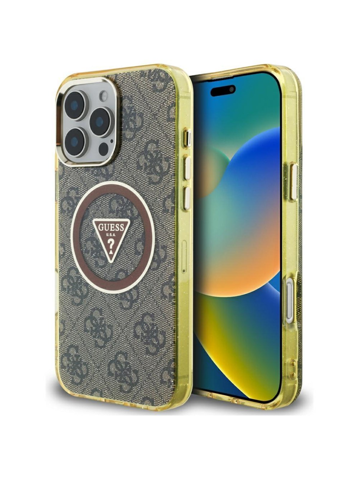 GUESS IML Metal Glitter 4G Circle Triangle MagSafe Case for iPhone 16 Pro Max - Brown