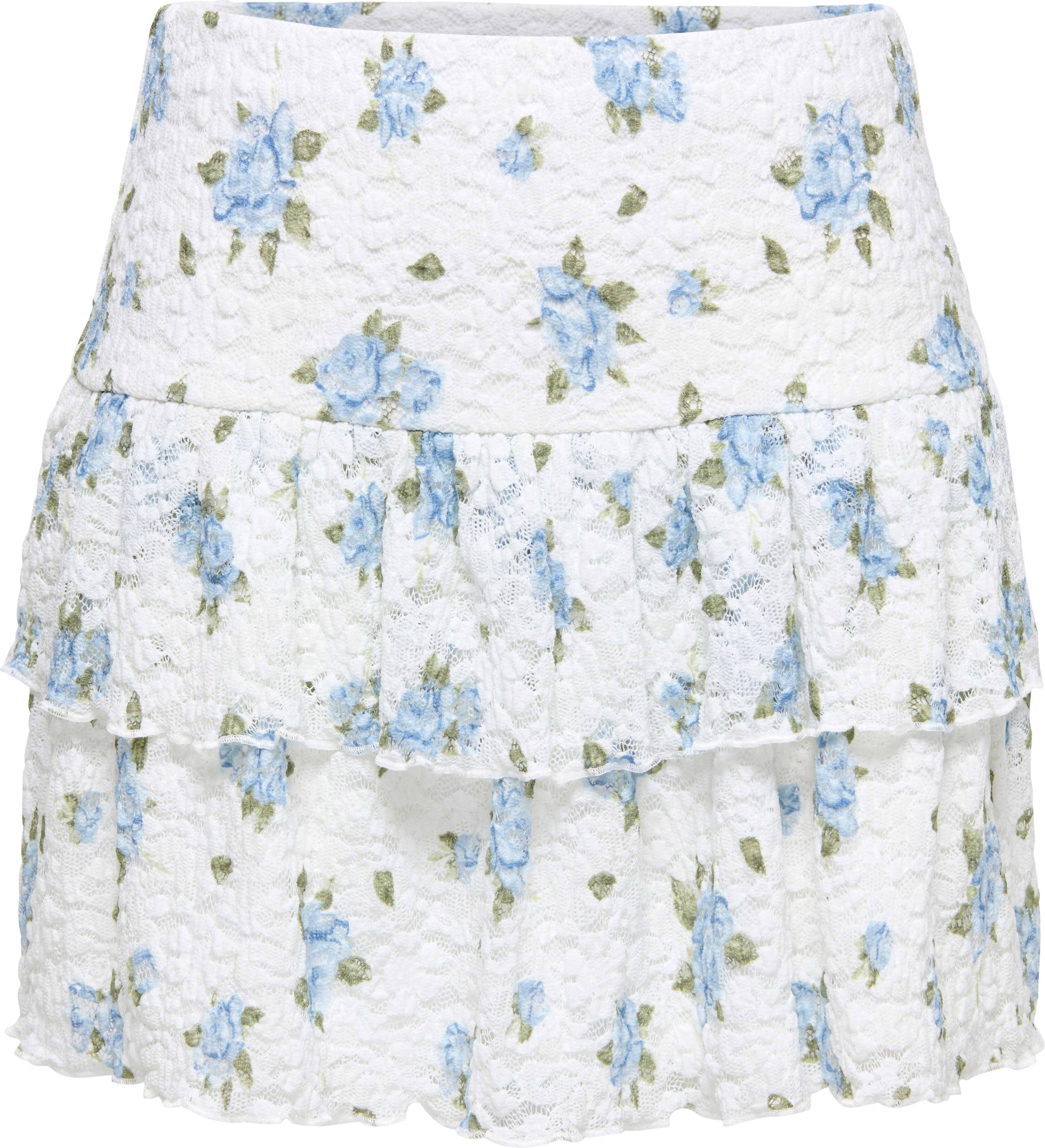 Minirock ONLY "ONLSAGA LACE MINI SKIRT", Damen, Gr. M (38), blau (cloud dancer aop:floral winter sky (saga)), Spitze, Obermaterial: 97% Polyamid, 3% Elasthan, bedruckt, geblümt, mini, Röcke Minirock, Materialmix cloud dancer aop:floral winter sky (saga) M