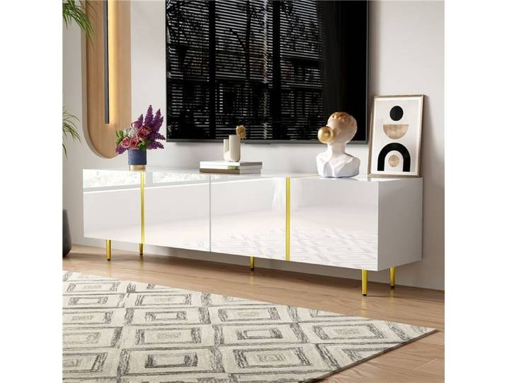 Meuble TV brillant blanc moderne à 4 portes
