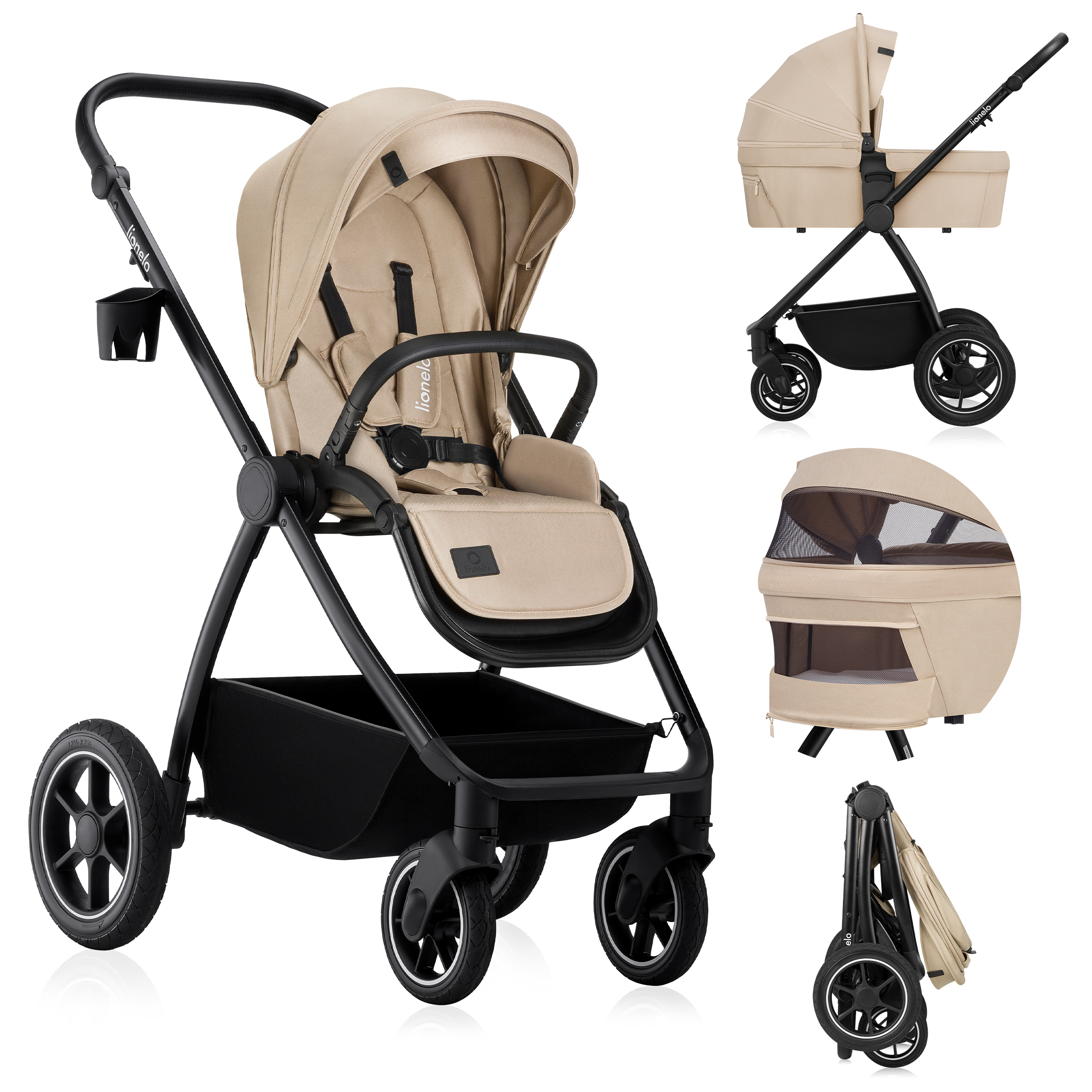 Lionelo Kombikinderwagen Meril 2in1 Babywanne bis zu 9 kg, 0-48 Monate bis zu 22 kg, Geländeräder 360°, Vollfederung, XXL-Verdeck - Beige