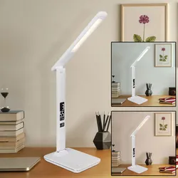 LED Schreib Tisch Lampe Büro Leuchte Chrom Lederoptik Datum Uhrzeit Touch Dimmer