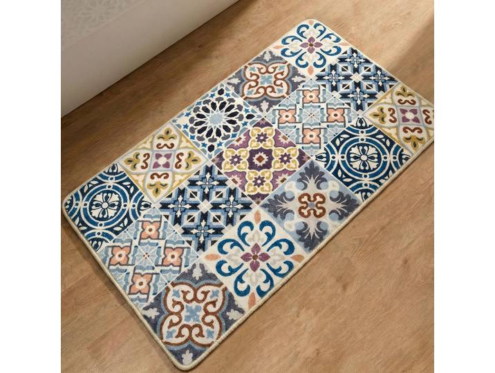 Badematte GINO FALCONE Aquata GF-160, Badvorleger, Badezimmer Teppich , bunt (blau), H:7mm, Kunstfaser, Badematten, Badematte, Badteppich, bedruckt, Fliesen Optik, rechteckig