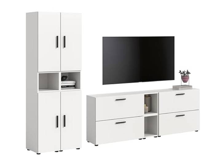 xonox.home – Wohnkombination The One 259x182x34 cm in Weiß Nachbildung – Große Schrankwand mit 4 Türen & 4 Klappen – 20 Fächer insgesamt bieten unendliche Möglichkeiten für eine saubere Lagerung