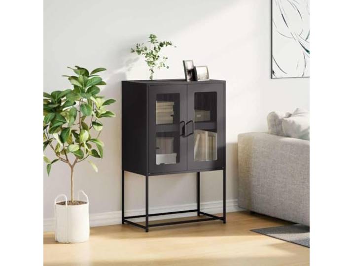 KTHLBRH Sideboard Stahl schwarz 68 x 39 x 107 cm 4 Fächer, 2 Türen, Aufbewahrungsbox, flexible Türmontage, praktische Griffe
