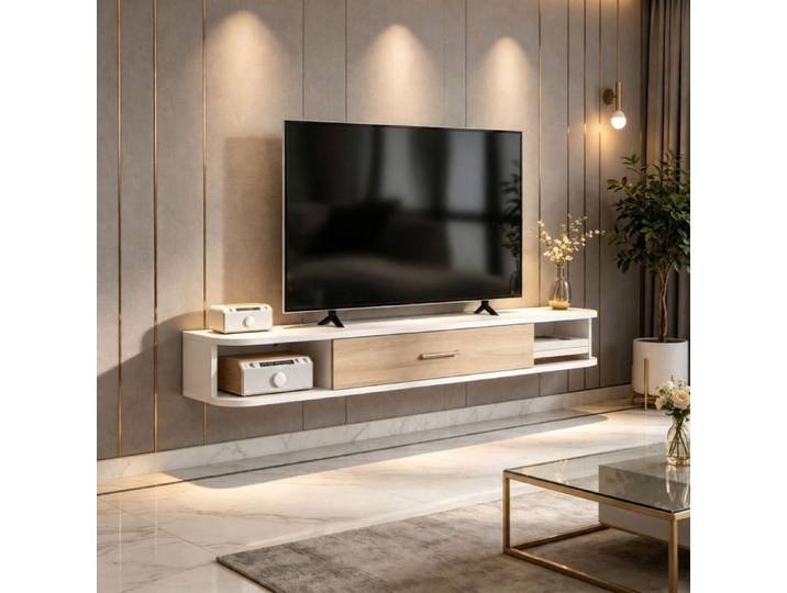 Meuble TV suspendu Norevia 120 cm avec abattant blanc et chêne pour TV jusqu'à 50 pouces