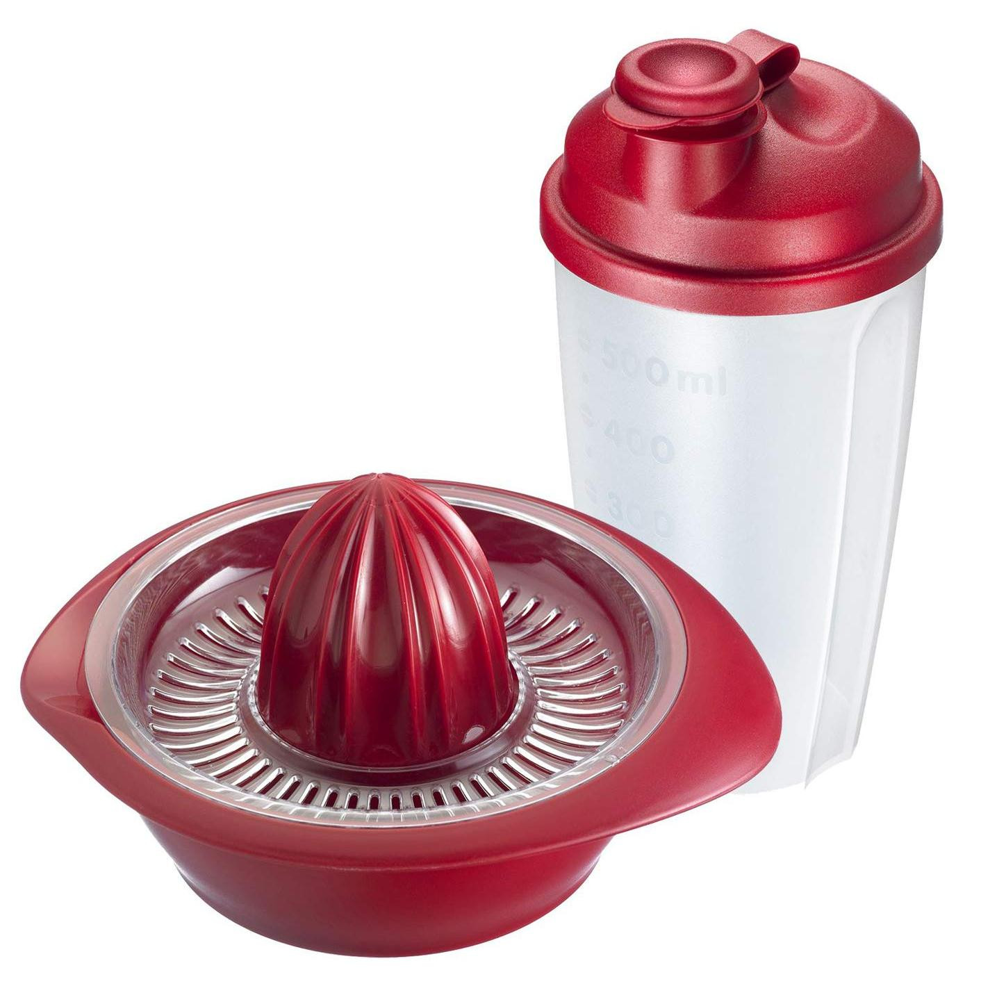 Dripio Fitnessset met Shaker en Citruspers, 2x 0,5 liter, Rood/Transparant