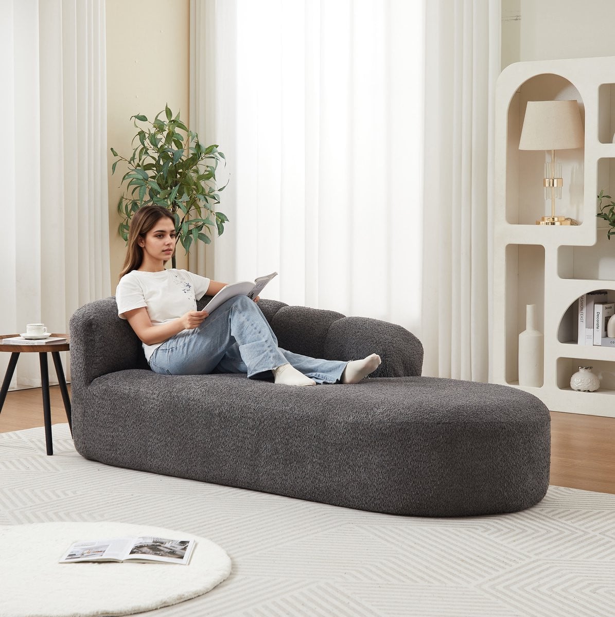 DESMIU Chaise Longue 2-Zits - Moderne Chenille Relaxbank met Golvende Rugleuning - Anthracietgrijs