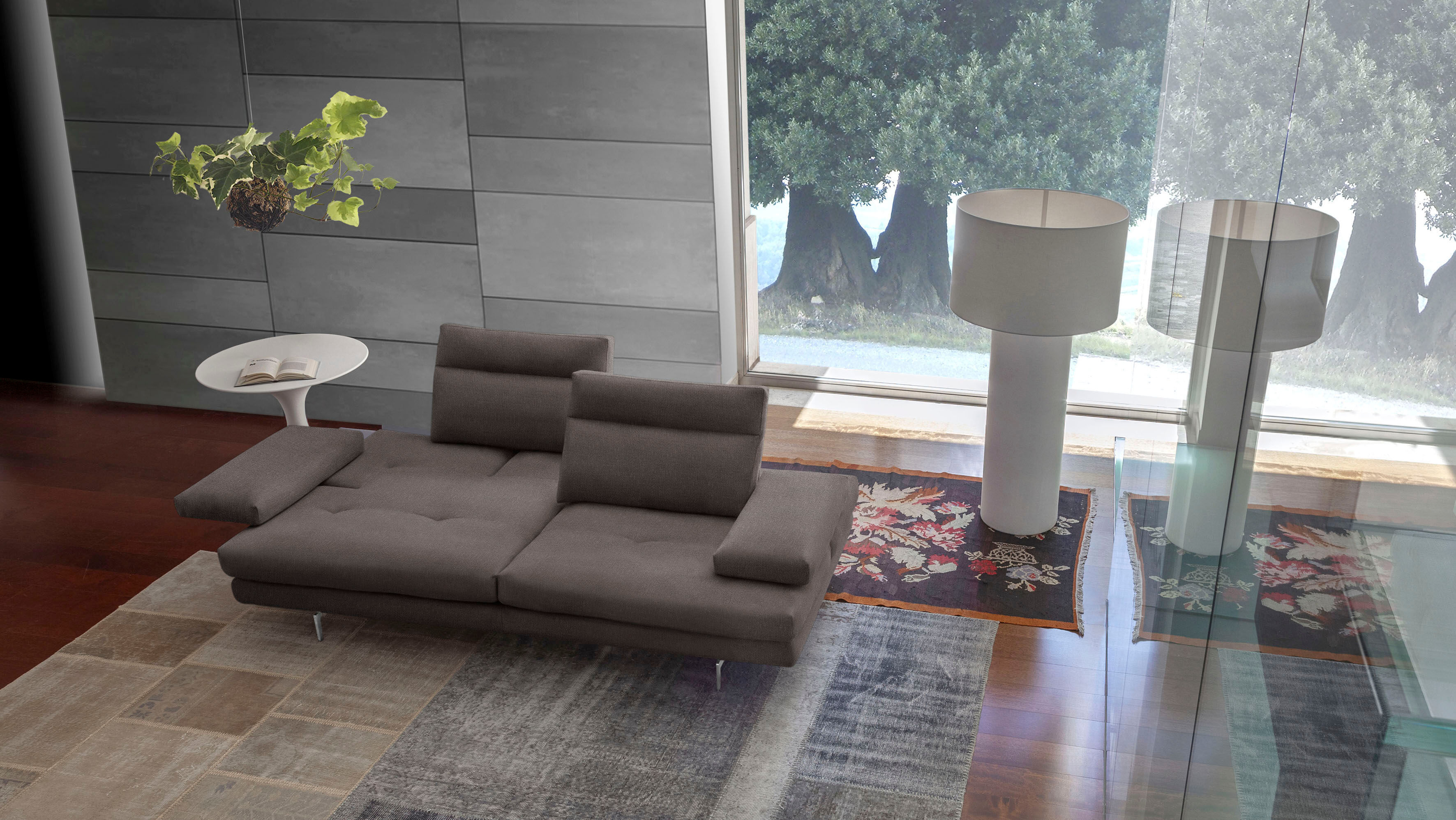 3-Sitzer CALIA ITALIA "Toby Wing, 208 cm breit, Designsofa mit hohem Sitzkomfort", grau (tortora quebec), B:208cm H:90cm T:113cm, Synthetische Faser (100% Polyester), Sofas, 3-Sitzer, inklusive Sitztiefenverstellung, Füsse in Chrom glänzend tortora quebec