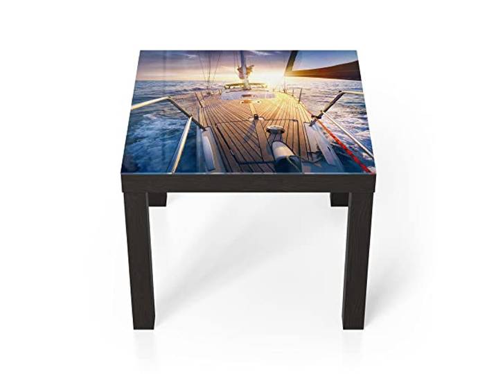 DEQORI Glastisch schwarz klein 55x55 cm Motiv Segelboot jagt Abendsonne ausgefallener Beistelltisch aus Glas Hochglanz Couchtisch fürs Wohnzimmer moderner Couch Tisch mit Design