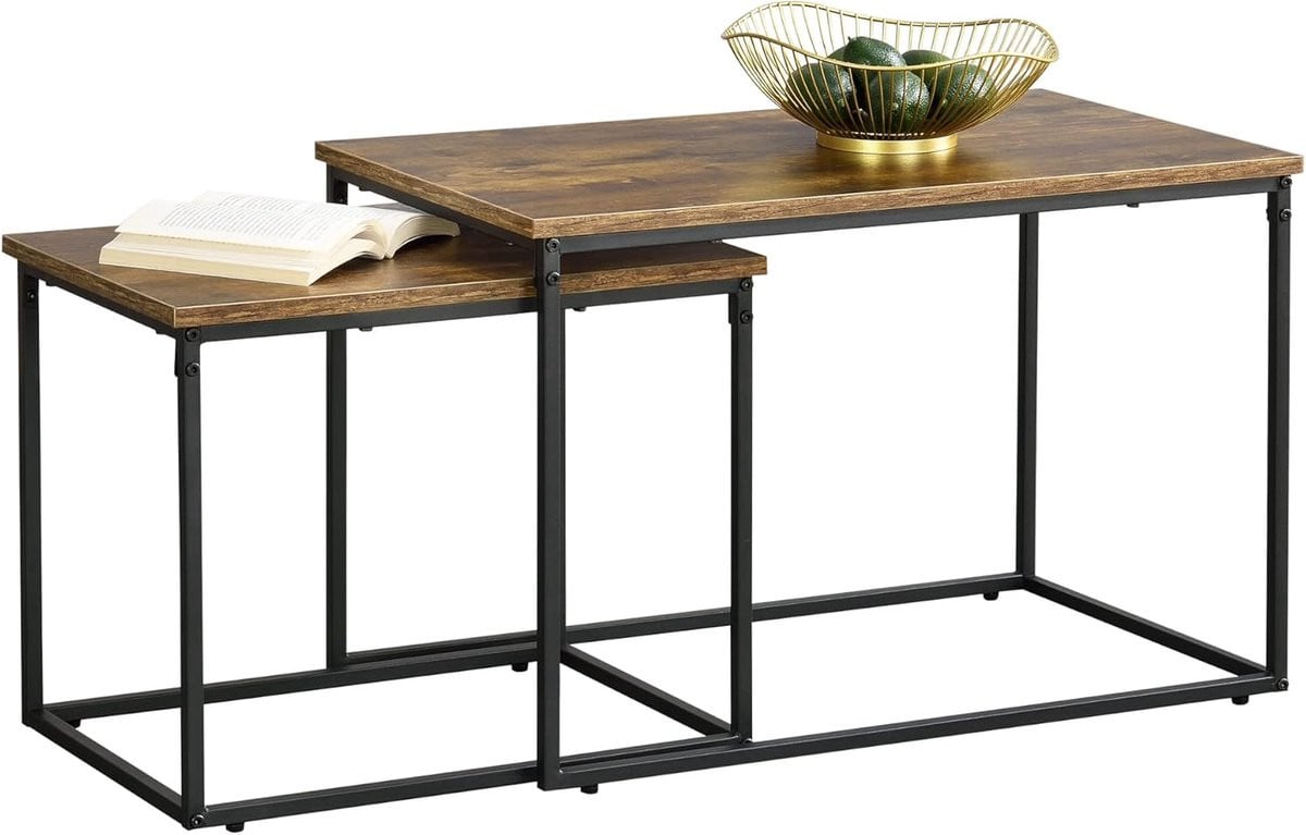 Salontafelset van 2 in zwart en houtkleur voor een moderne woonkamer
