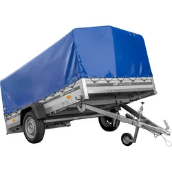 Einachsanhänger mit Aluminiumseitenwänden 264x150 Unitrailer Garden 265 KIPP ALU mit H-800 Rahmen und blauer Plane