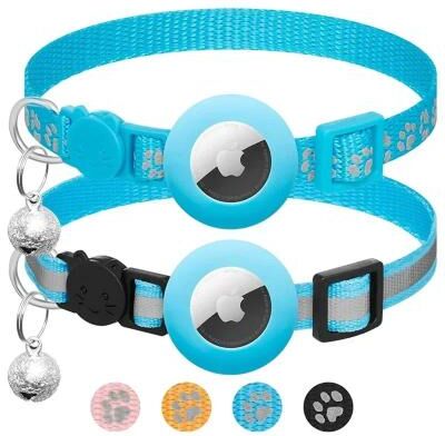 Inspired Living AirTag Ready Reflective Cat Collar With Safety Breakaway Buckle & Bell blue Mixed Set 2pcs