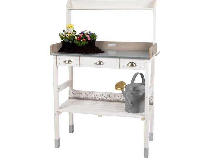 WONDERMAKE Großer Pflanztisch weiß mit 3 Schubladen aus Holz wetterfest, Garten-Arbeitstisch XL für Outdoor draußen Balkon hochwertig, Gärtnertisch CO2-neutral, 85 x 45 x 130 cm, shabby chic, vintage, weiß grau