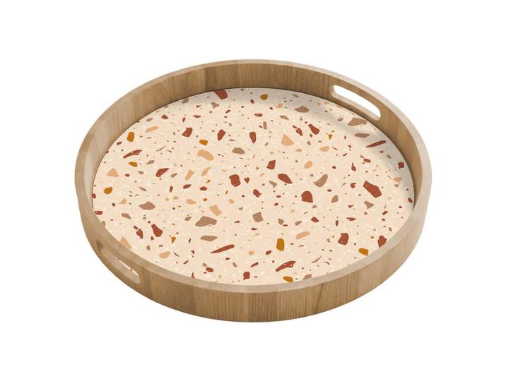 OnlyWow Tablett - Terrazzo - Muster - Bunt - Stein - 50x50 cm, Beige, Holz, Echtholz,Eiche, Rund, 50x5x5 cm, Geschirr, Tischkultur & Serviergeschirr, Tabletts