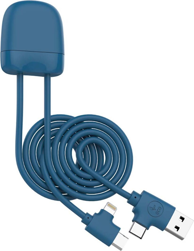 Xoopar 4-in-1 kabel met USB-A, USB-C en Lightning aansluitingen, 1 meter, blauw
