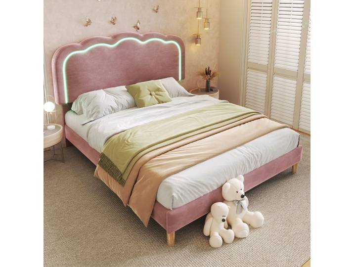 ULEVR Lit double rembourré avec tête de lit réglable 151x207x104-109 cm - LED avec mode musique rose velours