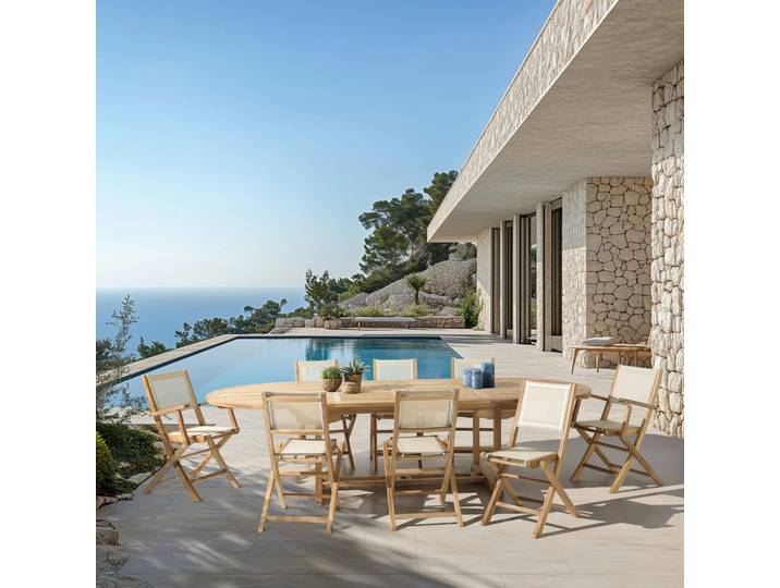 Ensemble de repas extérieur, table en teck extensible 8 chaises ALERIA