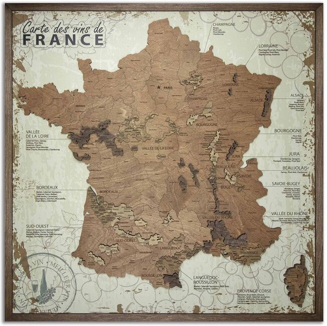 Tableau 3D Carte des vins de France assemblé sur panneau blanc - Creatif Wood