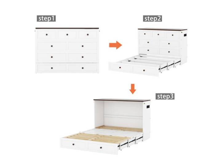 Armoire-lit - GUTENT - 140x200 - Blanc - Avec tiroirs - USB intégré