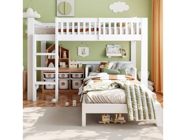 Crlnaup Modulares Massivholz Kinderbett‑Set 90x200 cm,Hochbett + Einzelbett frei kombinierbar, vielfältige Aufbauvarianten, Absturzsicherung, abgerundete Kanten, Geschwister‑Kinderzimmer, Weiß