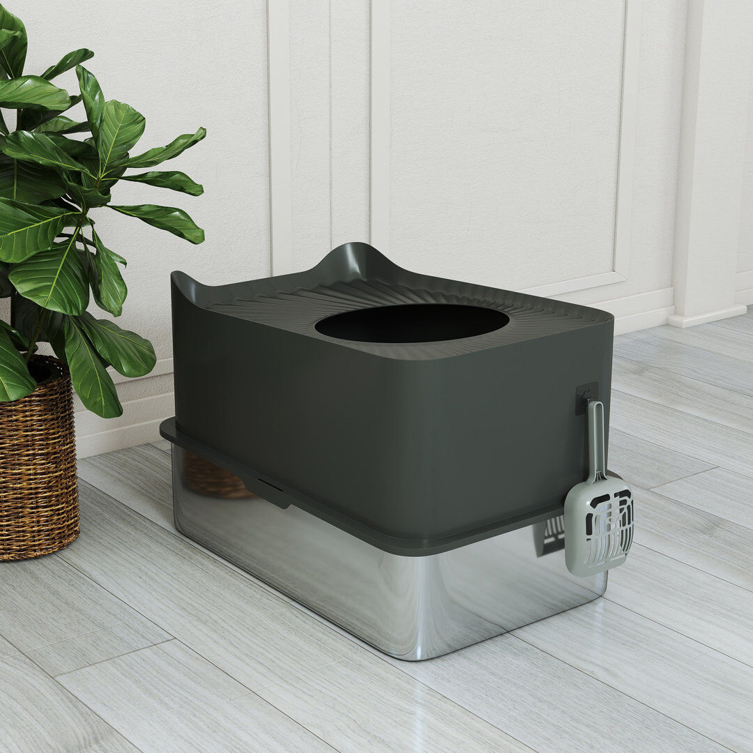 PawHut Stainless Steel Cat Litter Box Enclosed Metal Litter Tray Dark Grey Dark Grey 38cm H X 60cm W X 40cm D