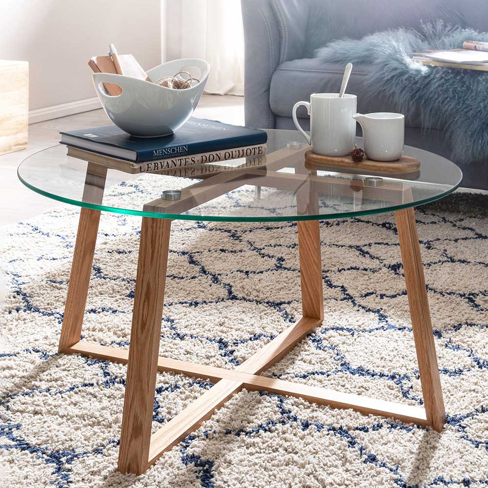 Pharao24.de Runder Sofa Tisch mit Glasplatte Massivholz Bügelgestell