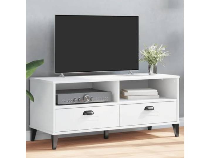 HEFZGDB TV-Schrank VIKEN Weiß Holzwerkstoff Industrie-Stil Design mit viel Stauraum und Kabelloch für Wohnzimmer Aufbewahrung
