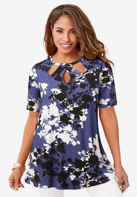 Plus Size Women's Stretch Knit Cutout Swing Tunic by Jessica London in Dusk Graphic Floral (Size 22/24) Long Shirt