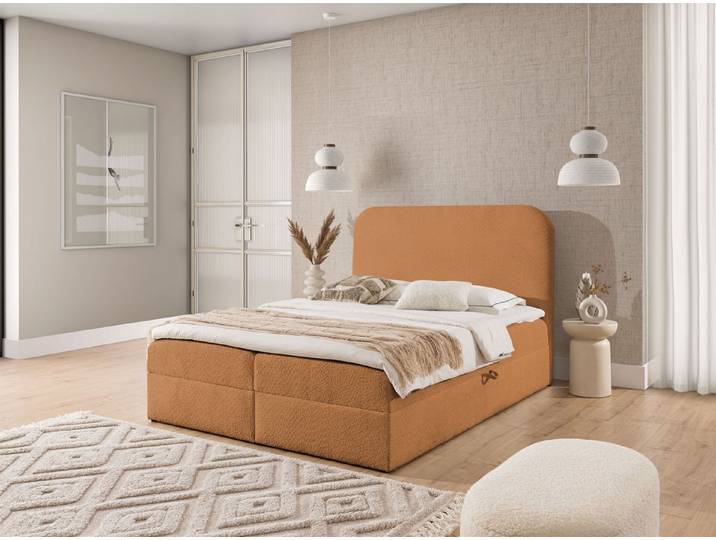 Fun Möbel Boxbett Schlafzimmerbett BINETA PREMIUM Stoff Coral (Inkl. Bettkasten), Hochwertiger Viscoschaum-Topper