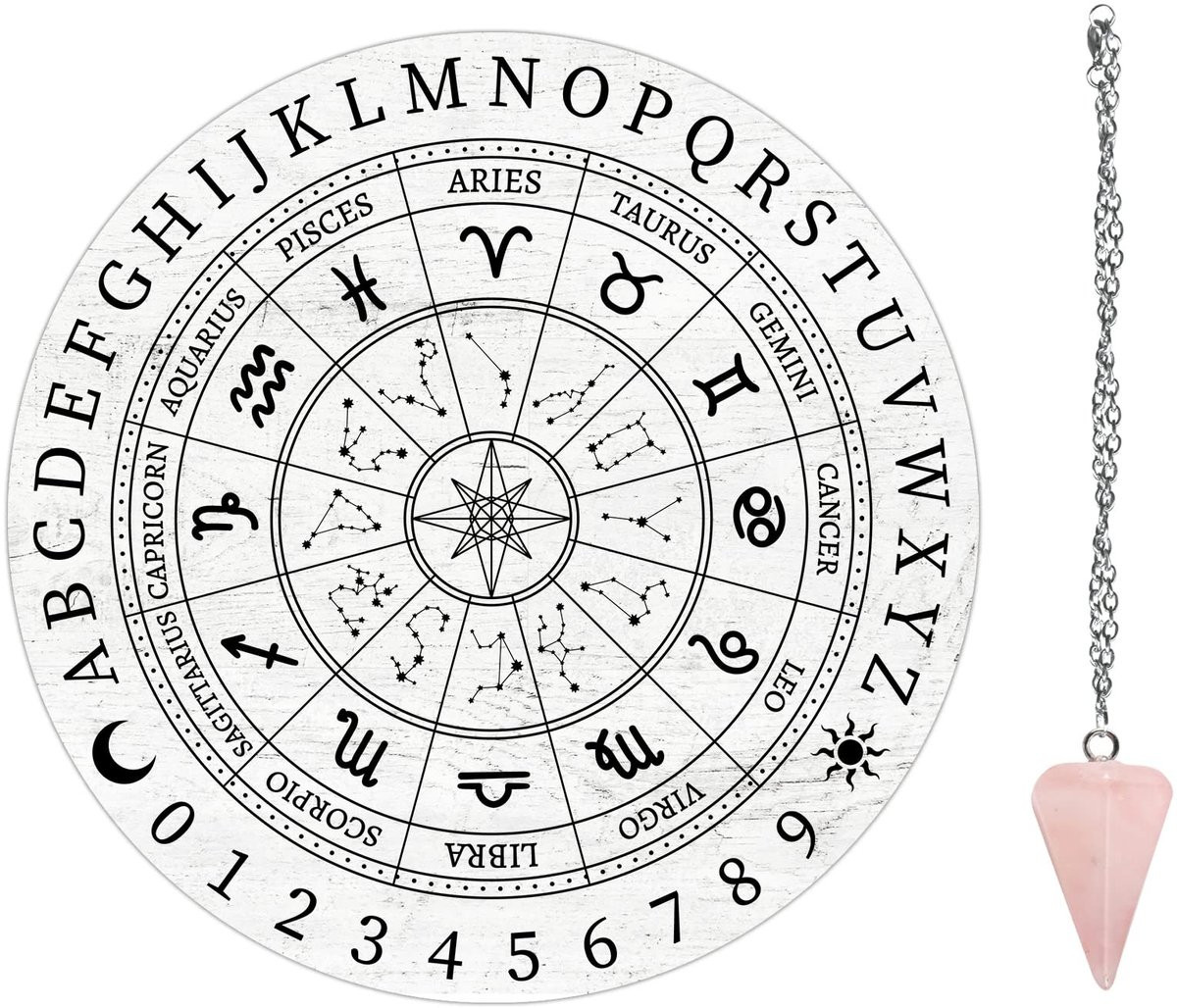 Dailygoods Pendelbord Houten Design met Astrologische Tekens en Kristallen Pendel - 20 x 20 cm