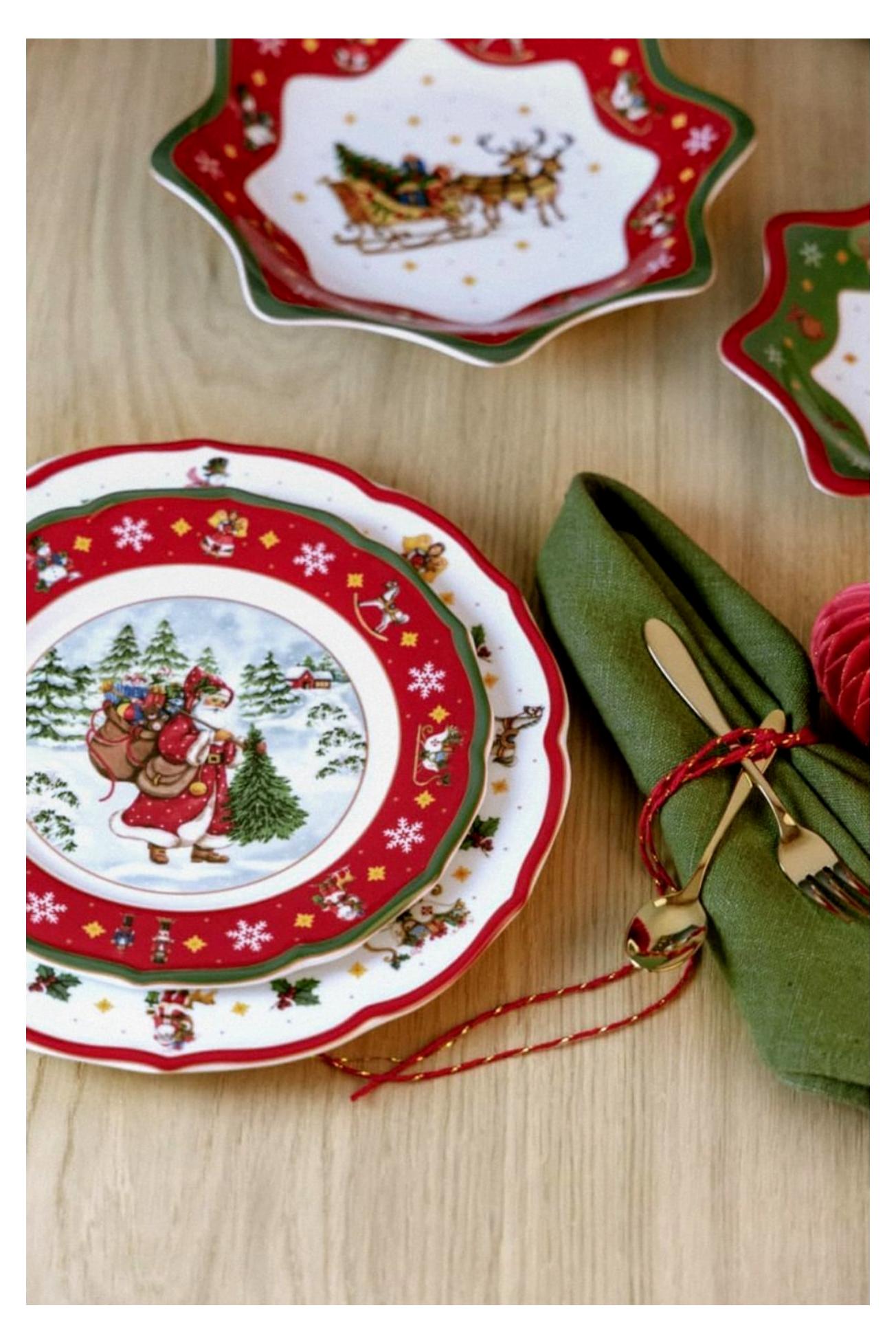 Rotes Weihnachtsgeschirr für 6 Personen, Porzellan, mehrfarbig, 6 Frühstücksteller, 6 Speiseteller und 6 Suppenteller, spülmaschinen- und mikrowellenfest