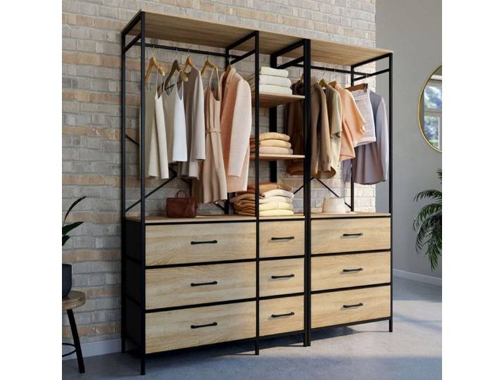 IDMARKET Dressing penderie modulable L. 150 cm UTAH XXL avec 3 étagères et 9 bacs en tissu bois et noir