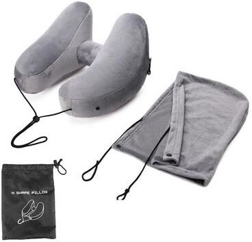 DynamicDeals Travel Neck Pillow, Inflatable Neck Pillow With Hood, Car Neck Rest Cushion, H Shaped Inflatable Pillow Portable grey