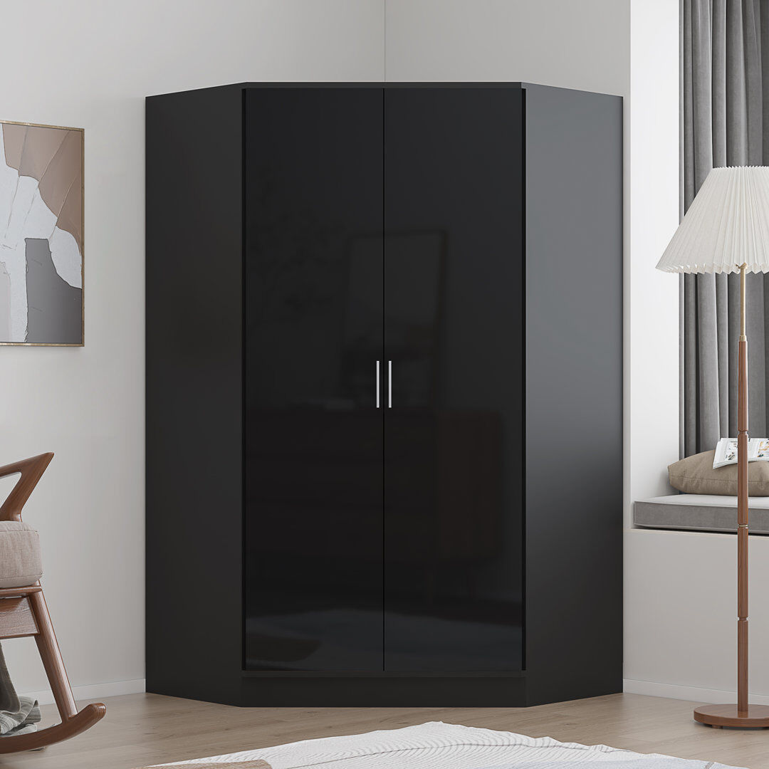 Zipcode Design Eva High Gloss 2 Door Corner Wardrobe - H: 180cm x D: 103cm x W: 103cm Black Oak/Gloss Black 180cm H X 103cm W X 103cm D