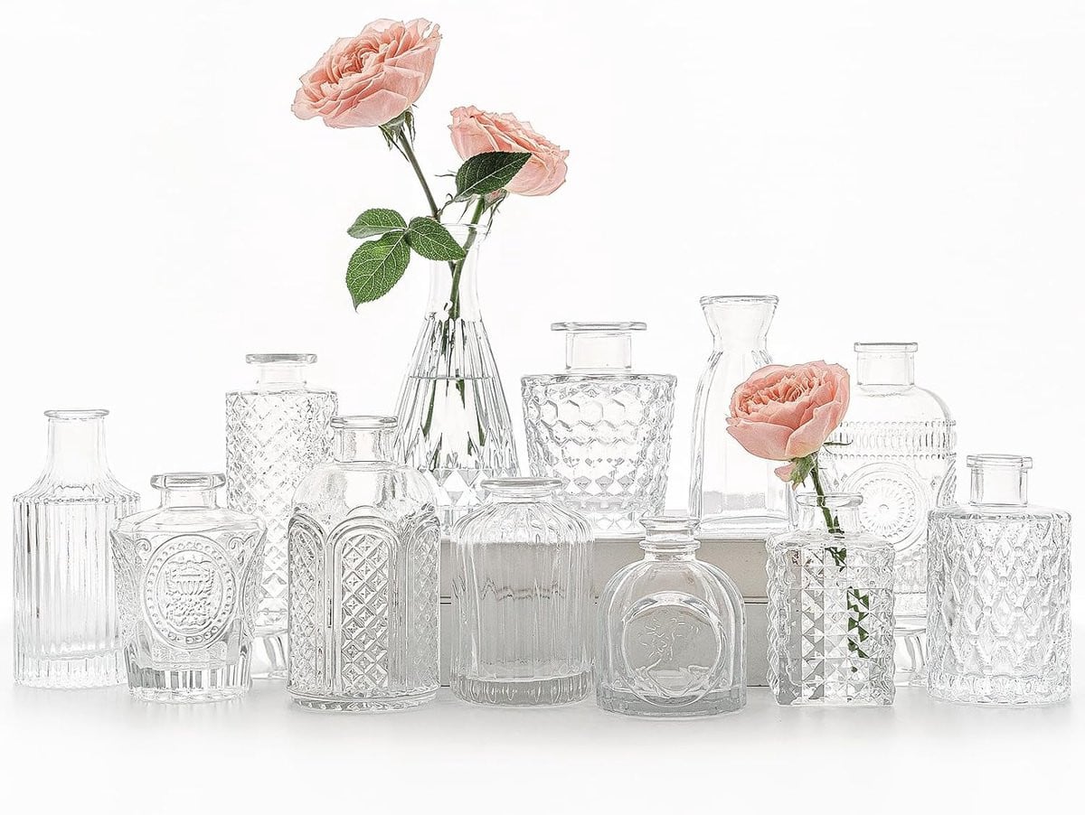 Set van 12 transparante glazen bloemenvazen voor feestelijke decoratie