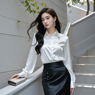 Smart Shopping Spot Elegant Women's Satin Blouse Long Sleeve Button Up Shirt For Office white xxxl