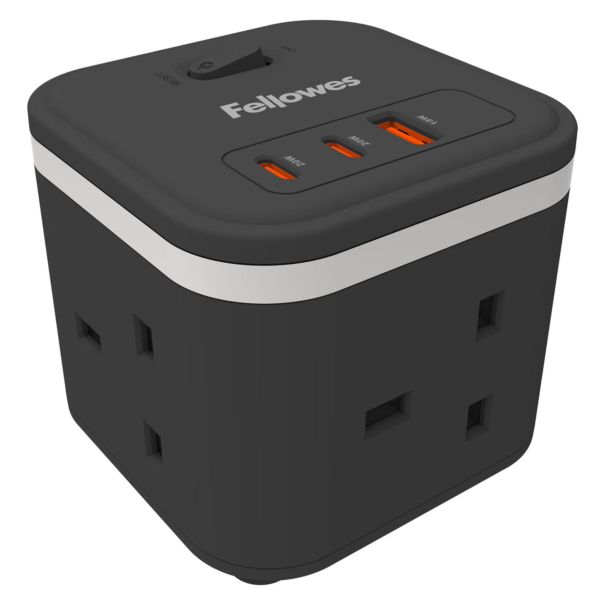 Fellowes Power Cube 3x230v 1xUSB-A 2x USB-C Socket 2m Cable Black - 100136979 (3x, USB-A, USB-C, 2 m) (100136979)