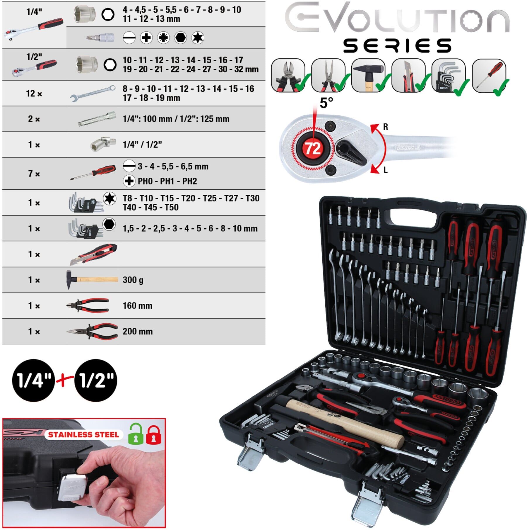 KS Tools Universal-Werkzeug-Satz aus Chrom-Vanadium-Stahl 1/4 Zoll+3/8 Zoll+1/2 Zoll 97-teilig, 9170797 (917.0797)