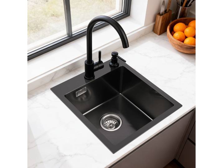 Évier de cuisine en acier inoxydable 40x45cm noir 1 bac avec siphon - Petit évier rectangulaire encastrable pour meuble de 40cm