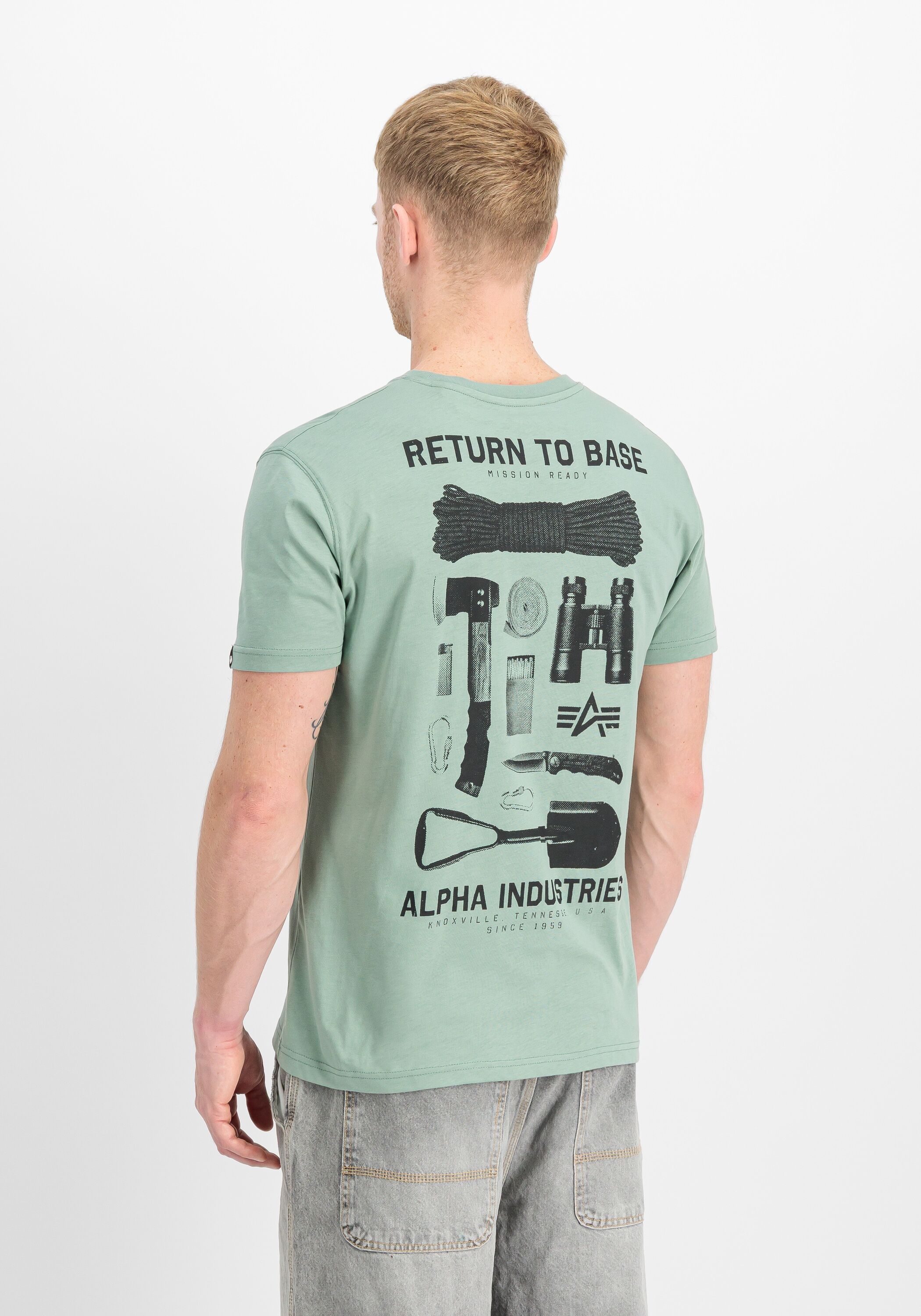 T-Shirt ALPHA INDUSTRIES "Return To Base T-Shirt", Herren, Gr. M, frost grün, Obermaterial: 100% Baumwolle, Shirts T-Shirt frost grün M