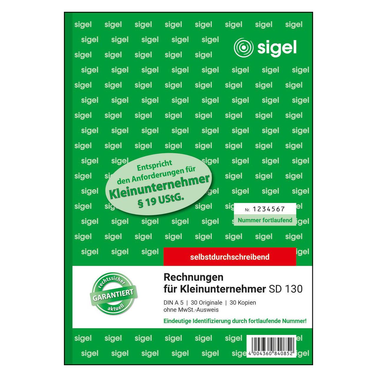 SIGEL Rechnung für Kleinunternehmer mit fortlaufenden Nummern (ohne MwSt.-Ausweis) Formularbuch SD130